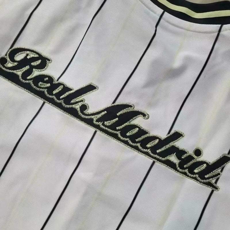 Real Madrid 2025-26 casual white striped short sleeved shirt