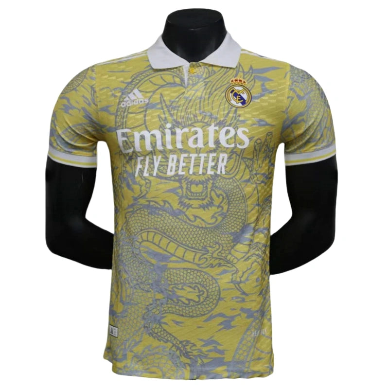 2025-26 Real Madrid Men's Polo Shirt Dragon Pattern Yellow Jersey